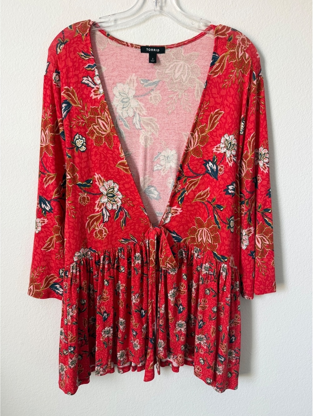 TORRID 3/4 Sleeve V-Neck Floral Boho Tie Front Stretch Blouse Size 3 (3X)